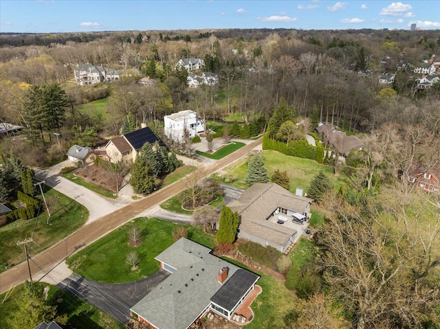 birds eye view of property with a residential view and a wooded view