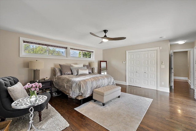 bedroom featuring a ceiling fan, dark wood-style flooring, multiple windows, and a closet