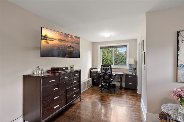 office featuring dark wood finished floors and baseboards