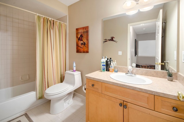 bathroom with shower / bathtub combination with curtain, tile patterned floors, vanity, and toilet