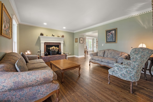 2457 Rocky Top Ln, Commerce Twp, MI 48382 - living room featuring wood finished floors, crown molding, recessed lighting, baseboards, and a brick fireplace