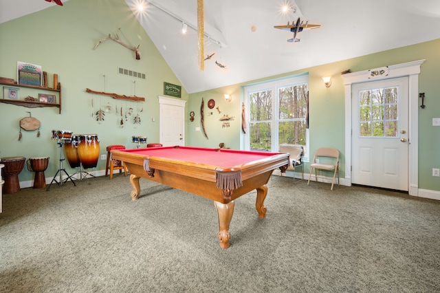 2457 Rocky Top Ln, Commerce Twp, MI 48382 - recreation room with carpet, baseboards, pool table, high vaulted ceiling, and rail lighting