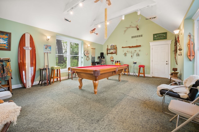 2457 Rocky Top Ln, Commerce Twp, MI 48382 - recreation room with track lighting, billiards, lofted ceiling, and carpet