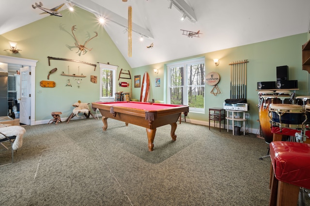 2457 Rocky Top Ln, Commerce Twp, MI 48382 - game room featuring rail lighting, billiards, carpet, healthy amount of natural light, and high vaulted ceiling