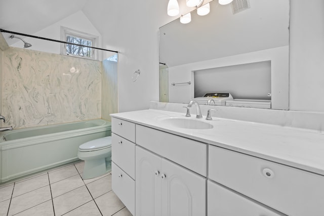 2457 Rocky Top Ln, Commerce Twp, MI 48382 - bathroom with lofted ceiling, shower / tub combination, toilet, vanity, and tile patterned floors