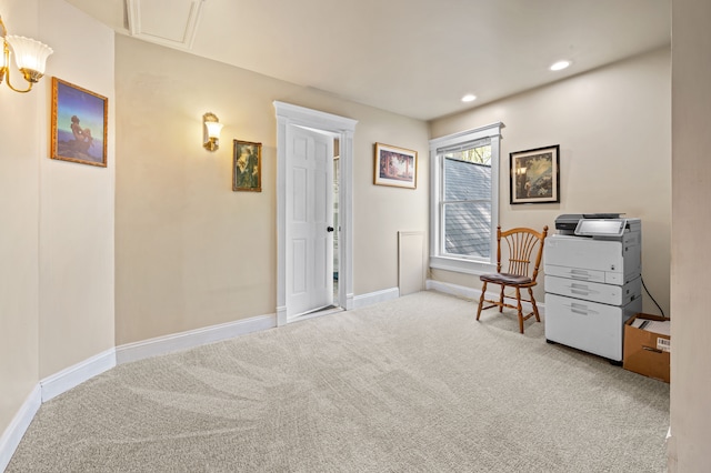 2457 Rocky Top Ln, Commerce Twp, MI 48382 - sitting room featuring carpet floors, baseboards, recessed lighting, and attic access