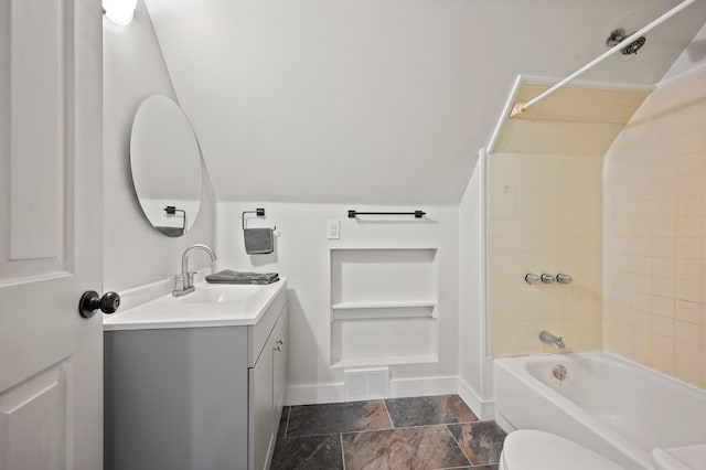 2457 Rocky Top Ln, Commerce Twp, MI 48382 - bathroom featuring baseboards, toilet, shower / tub combination, vanity, and vaulted ceiling