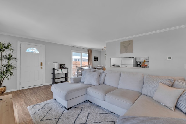 living room featuring baseboards, wood finished floors, and crown molding