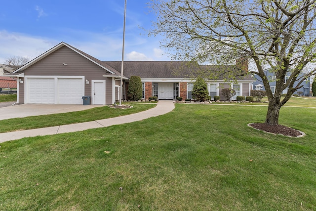 ranch-style home featuring concrete driveway, brick siding, a front yard, and a garage