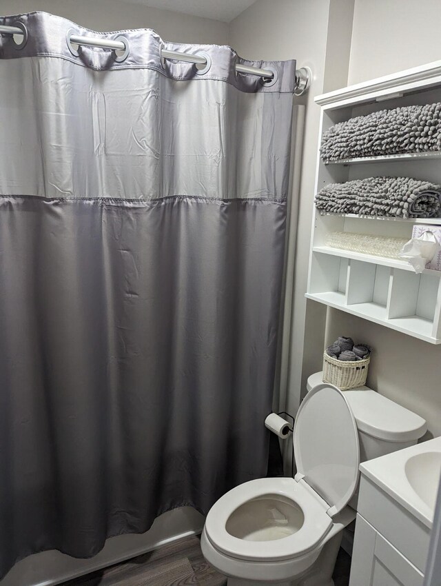 bathroom featuring toilet, vanity, and a shower with shower curtain