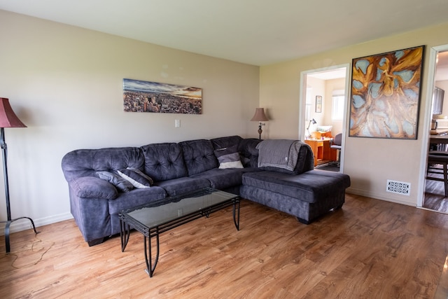 living room featuring baseboards, wood finished floors, and visible vents