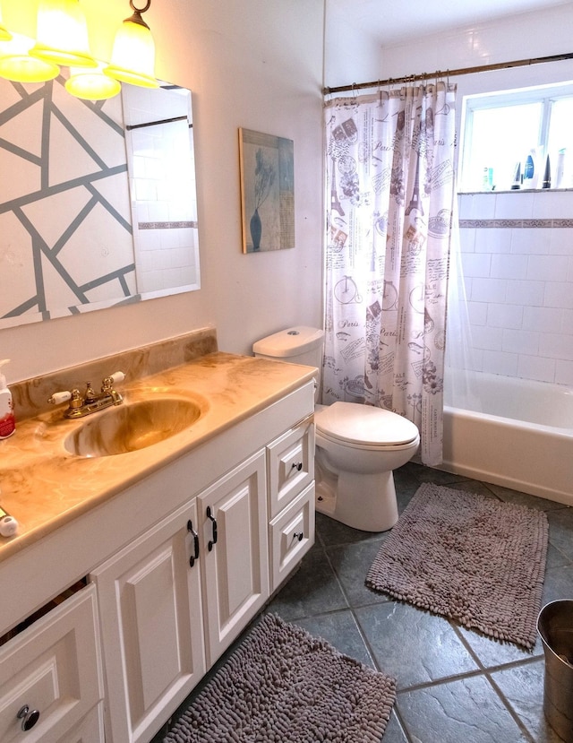 full bathroom featuring toilet, vanity, and shower / bathtub combination with curtain