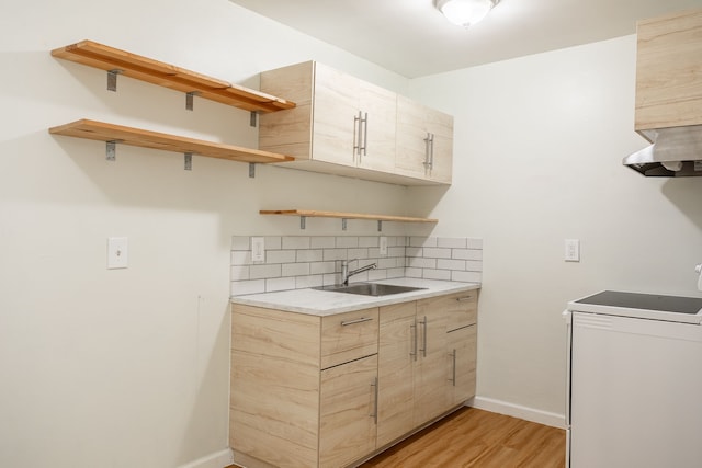 640 Virginia Park St, Detroit, MI 48202 - kitchen featuring open shelves, range, light wood-type flooring, and a sink