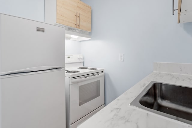 640 Virginia Park St, Detroit, MI 48202 - kitchen with under cabinet range hood, light brown cabinets, white appliances, and a sink