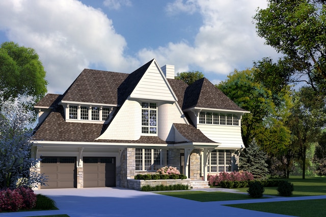 view of front of house featuring a chimney, a shingled roof, driveway, and stone siding