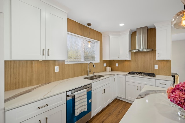 1525 Hiller Rd, West Bloomfield, MI 48324 - kitchen with a sink, dishwasher, wall chimney exhaust hood, white cabinetry, and stainless steel gas stovetop