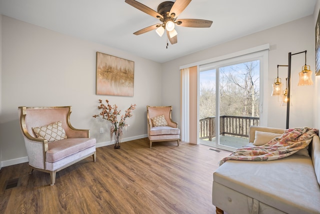 1525 Hiller Rd, West Bloomfield, MI 48324 - living area with ceiling fan, baseboards, visible vents, and wood finished floors