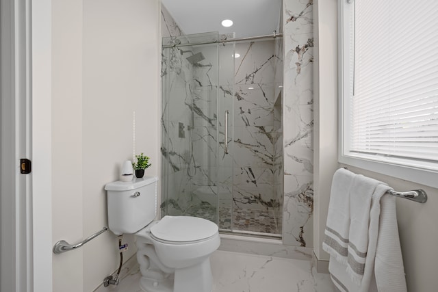 1525 Hiller Rd, West Bloomfield, MI 48324 - full bathroom featuring recessed lighting, a marble finish shower, toilet, and marble finish floor