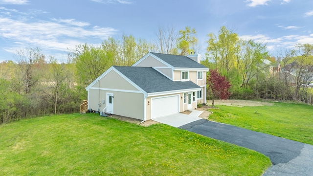 1525 Hiller Rd, West Bloomfield, MI 48324 - view of home's exterior with an attached garage, stucco siding, a shingled roof, a lawn, and driveway