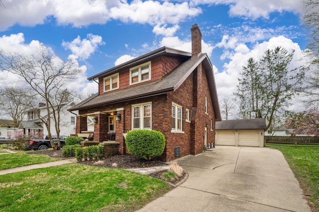 bungalow-style home featuring a chimney, a front lawn, an outbuilding, brick siding, and a garage