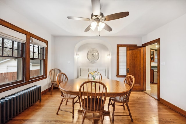 dining room featuring radiator heating unit, baseboards, light wood-style floors, and ceiling fan