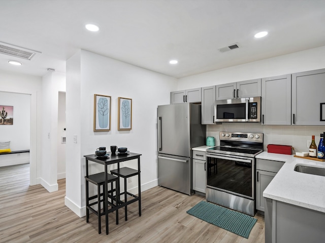 kitchen featuring stainless steel appliances, gray cabinets, light wood-style floors, tasteful backsplash, and recessed lighting