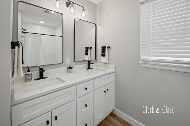 bathroom with wood finished floors, baseboards, a sink, and double vanity