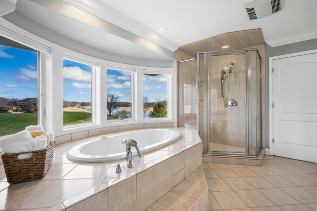 7455 Groveland Rd, Holly, MI 48442 - bathroom featuring a shower stall, tile patterned flooring, visible vents, a bath, and crown molding
