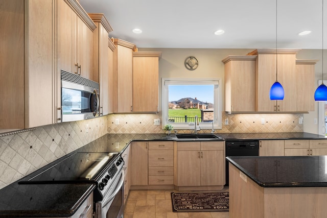 7455 Groveland Rd, Holly, MI 48442 - kitchen featuring light brown cabinets, decorative backsplash, appliances with stainless steel finishes, and a sink