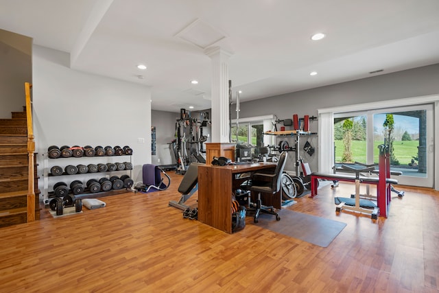 7455 Groveland Rd, Holly, MI 48442 - home office featuring decorative columns, wood finished floors, visible vents, and recessed lighting