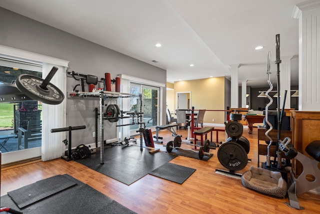 7455 Groveland Rd, Holly, MI 48442 - workout area with recessed lighting, ornate columns, billiards, wood finished floors, and baseboards