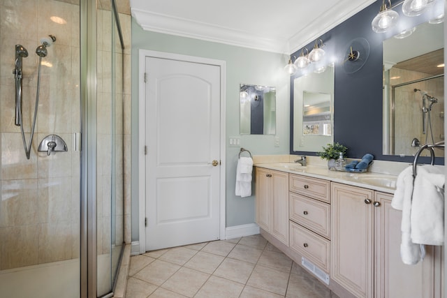 7455 Groveland Rd, Holly, MI 48442 - full bath featuring a sink, double vanity, tile patterned flooring, a shower stall, and crown molding