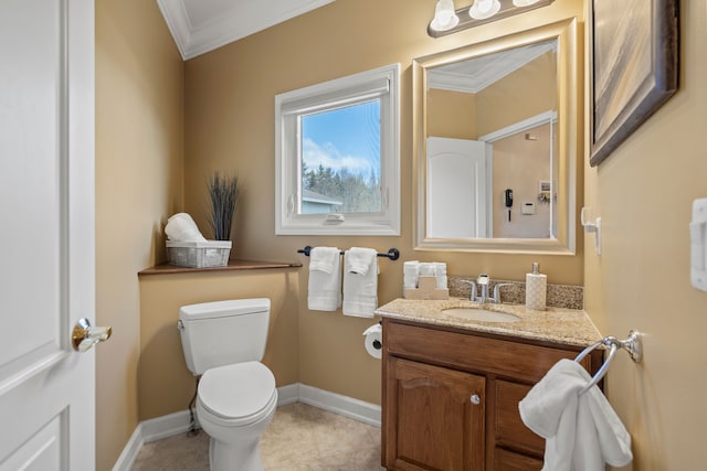 7455 Groveland Rd, Holly, MI 48442 - half bathroom featuring baseboards, crown molding, vanity, and toilet