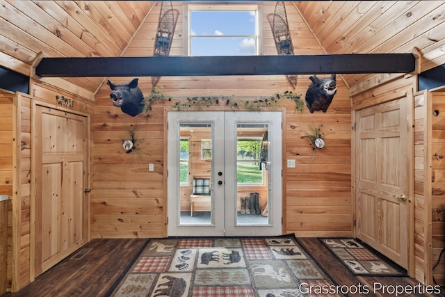 2697 N 176th Ave, Walkerville, MI 49459 - entryway featuring wood walls, french doors, wooden ceiling, dark wood-type flooring, and lofted ceiling