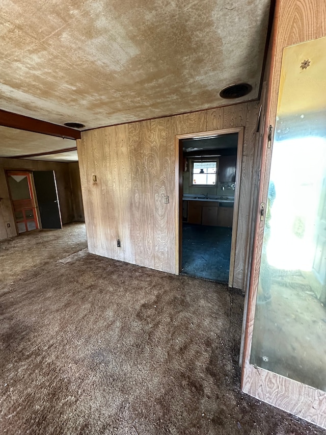 carpeted spare room with wood walls