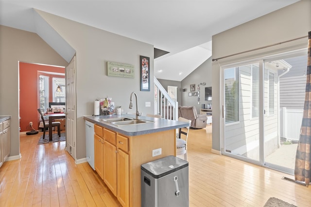 kitchen with dishwasher, a sink, light wood-style floors, and a healthy amount of sunlight