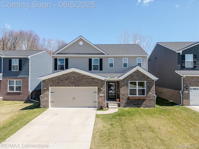 51306 Kirby Dr, Chesterfield, MI 48047 - view of front of property featuring brick siding, driveway, a garage, and a front yard