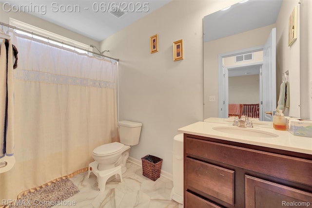 51306 Kirby Dr, Chesterfield, MI 48047 - bathroom with toilet, marble finish floors, vanity, and a shower with curtain