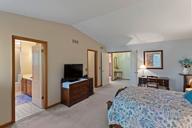 bedroom featuring baseboards, lofted ceiling, light colored carpet, and visible vents