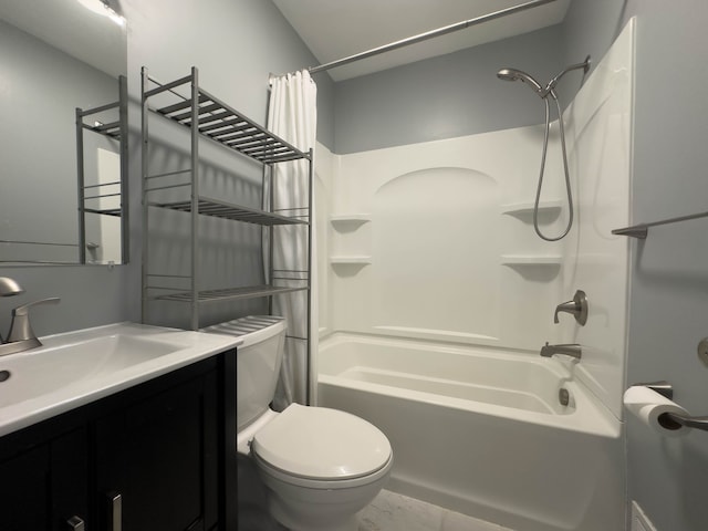 bathroom featuring shower / bath combination with curtain, toilet, marble look tile flooring, and vanity