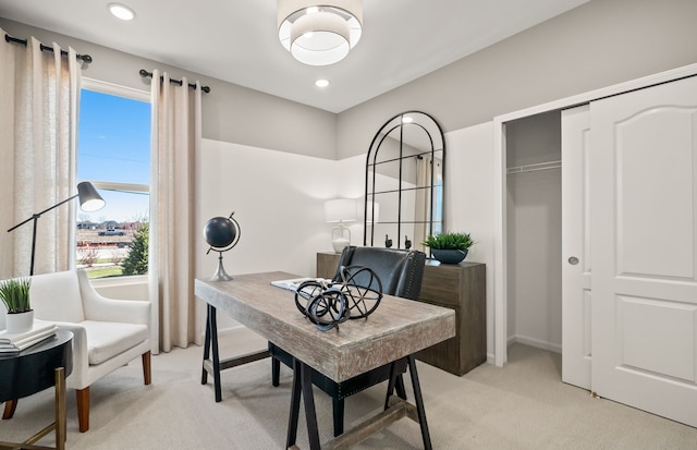home office with light carpet, baseboards, and recessed lighting