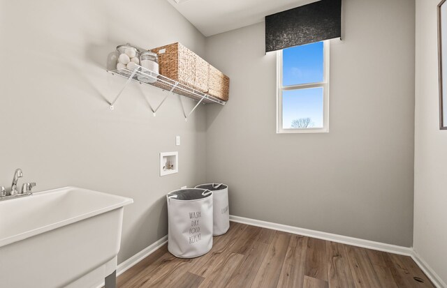 laundry room featuring wood finished floors, a sink, laundry area, and washer hookup