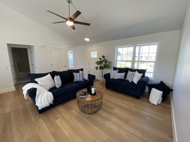 9150 Cottage Xing Unit 23, Richland, MI 49083 - living area with ceiling fan, light wood-type flooring, recessed lighting, high vaulted ceiling, and baseboards