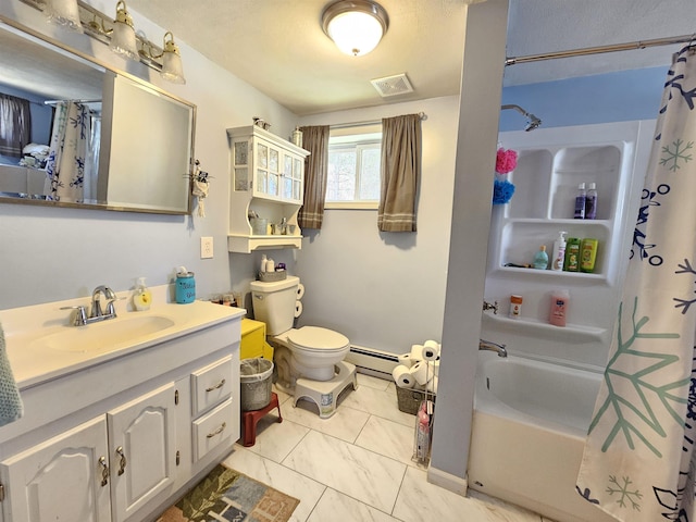 bathroom with a baseboard heating unit, toilet, visible vents, shower / tub combo, and vanity