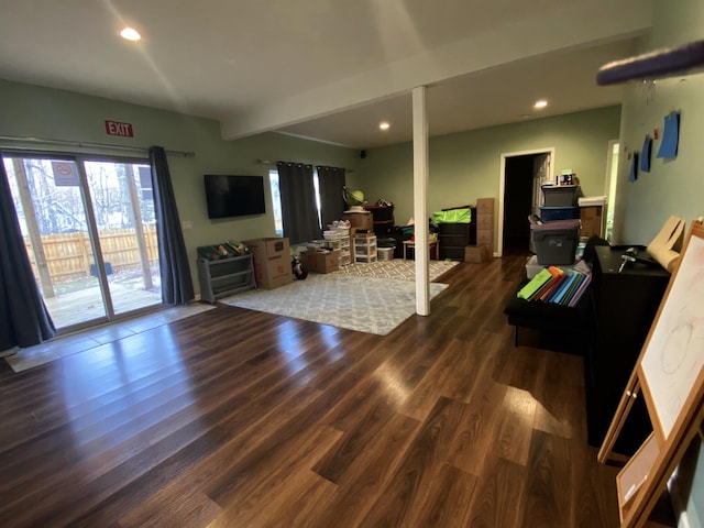 835 Eden St, Kingsley, MI 49649 - living area with beamed ceiling, recessed lighting, and dark wood finished floors