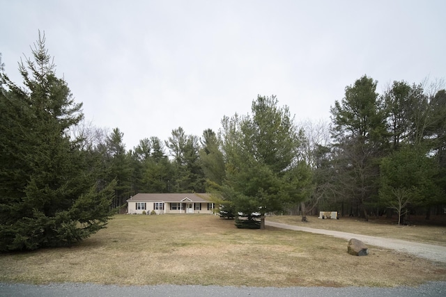 9155 Ivanhoe Dr, Onekama, MI 49675 - single story home featuring a forest view and a front yard