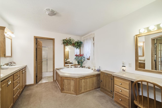 9155 Ivanhoe Dr, Onekama, MI 49675 - bathroom featuring a garden tub, carpet flooring, vanity, and a shower with door