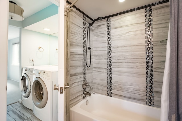 bathroom featuring recessed lighting, shower / bathtub combination, and separate washer and dryer