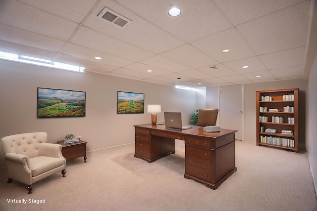 office with light carpet, a drop ceiling, baseboards, visible vents, and recessed lighting