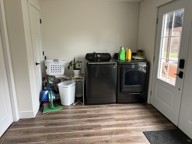 laundry room featuring wood finished floors, washer and dryer, and laundry area